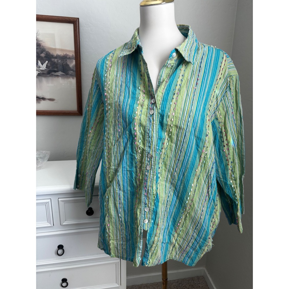 Coldwater Creek Teal Lime‎ Green Striped Eyelash Fringe Button Down Shirt 2X